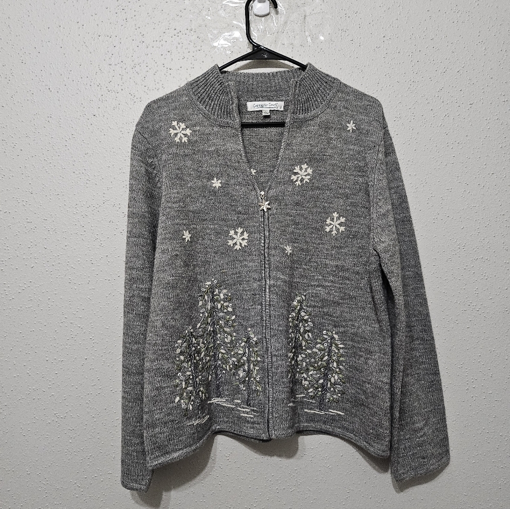 Coldwater Creek Winter Scene Cardigan Sweater Embroidered Snowflakes & Trees (L)